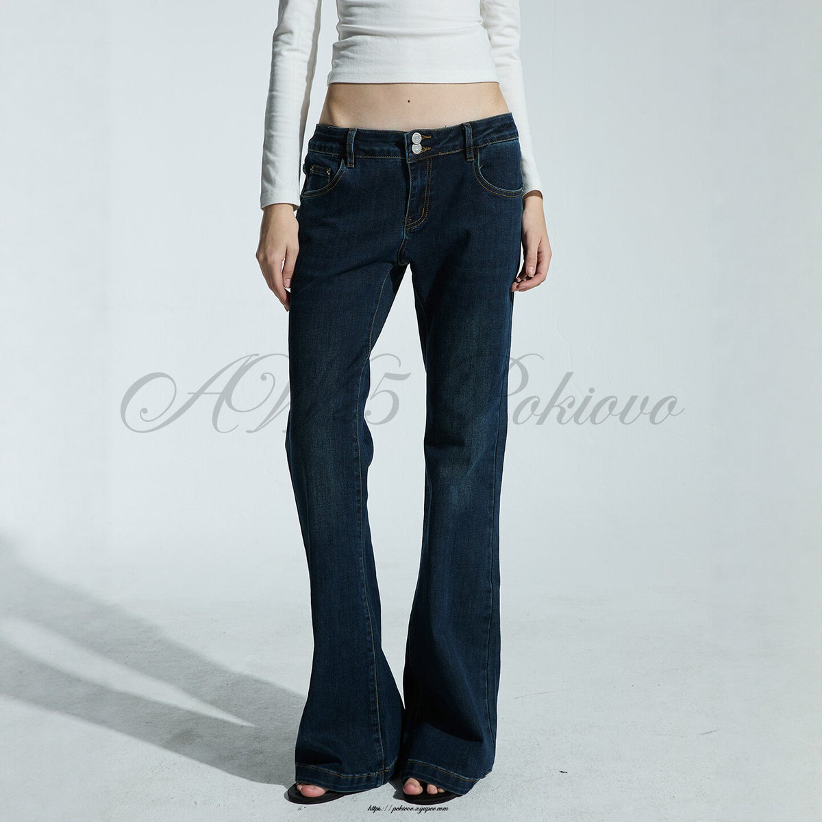 Pokiovo Mid Rise Vintage Wash Flared Jeans