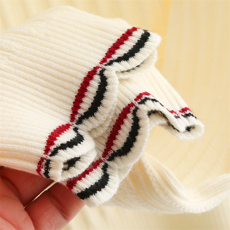 Wool Blend Polo Knit Top with Wave Trim