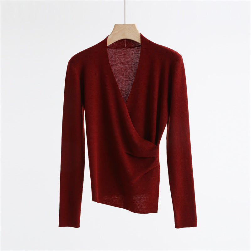 Wrap-Front Wool Blend V-Neck Sweater