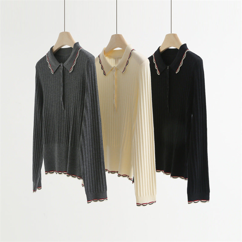 Wool Blend Polo Knit Top with Wave Trim