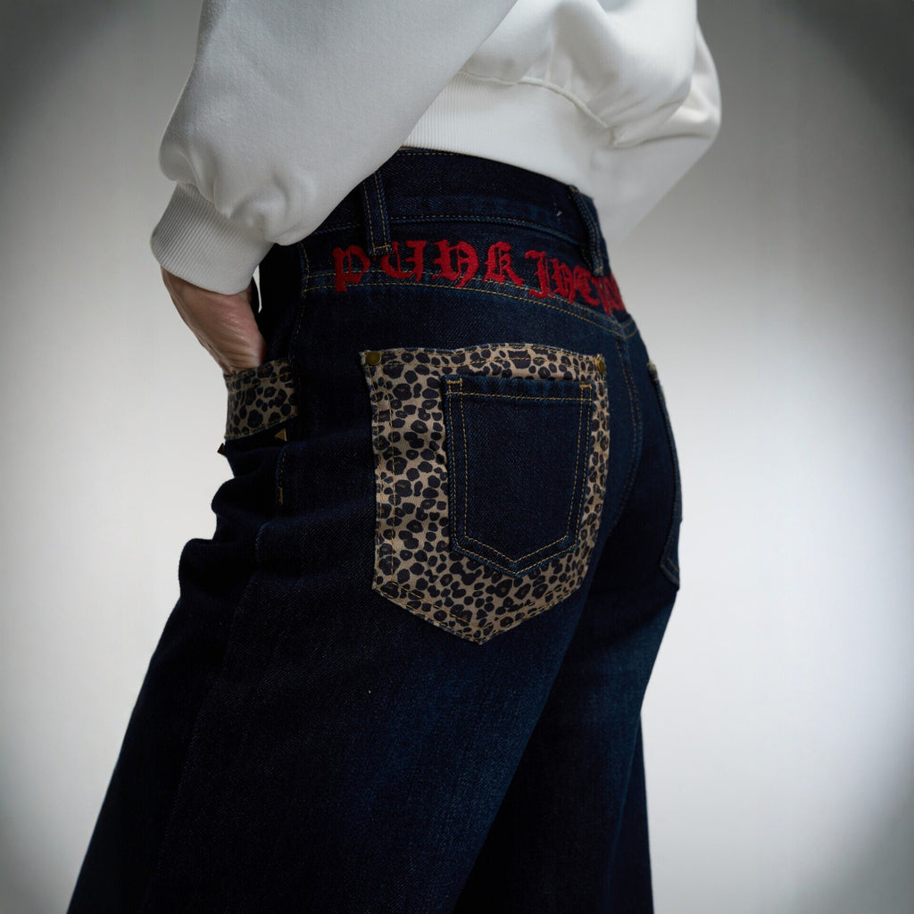 Focusstorm Leopard Print Wide Leg Jeans | Dark Blue