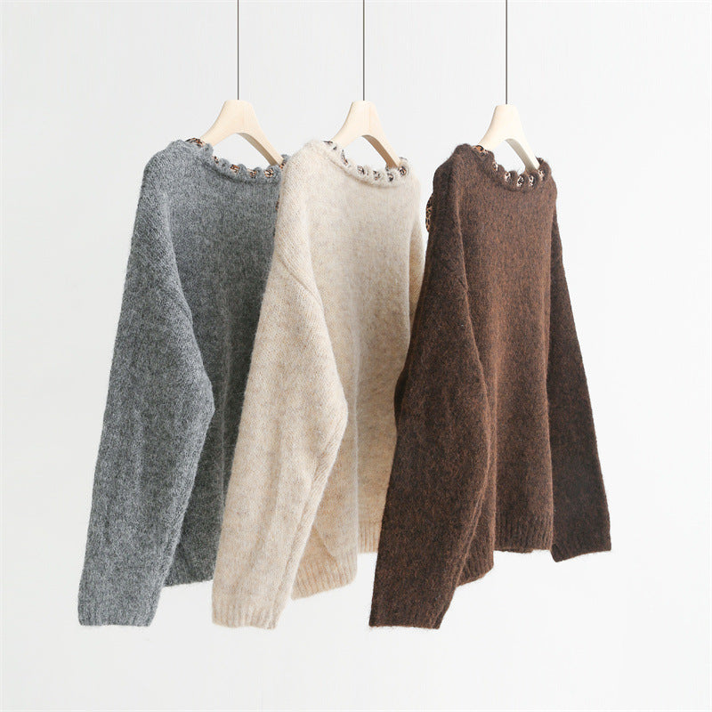 Wool Knit Sweater with Leopard Silk Scarf  | 3 Colors