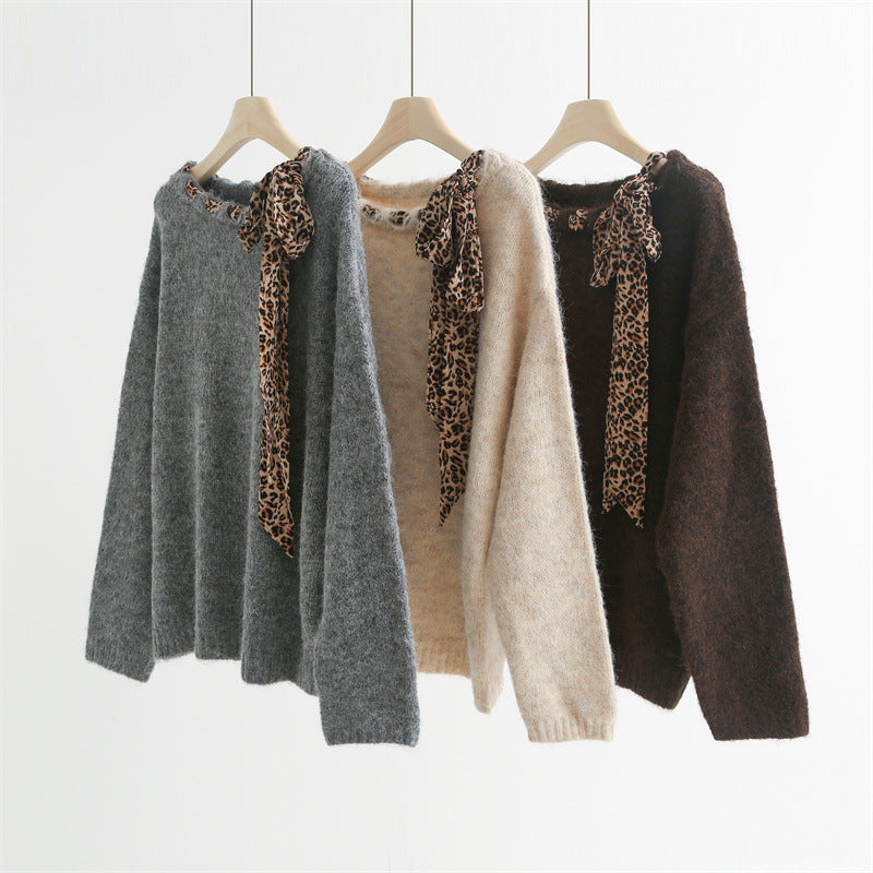 Wool Knit Sweater with Leopard Silk Scarf  | 3 Colors