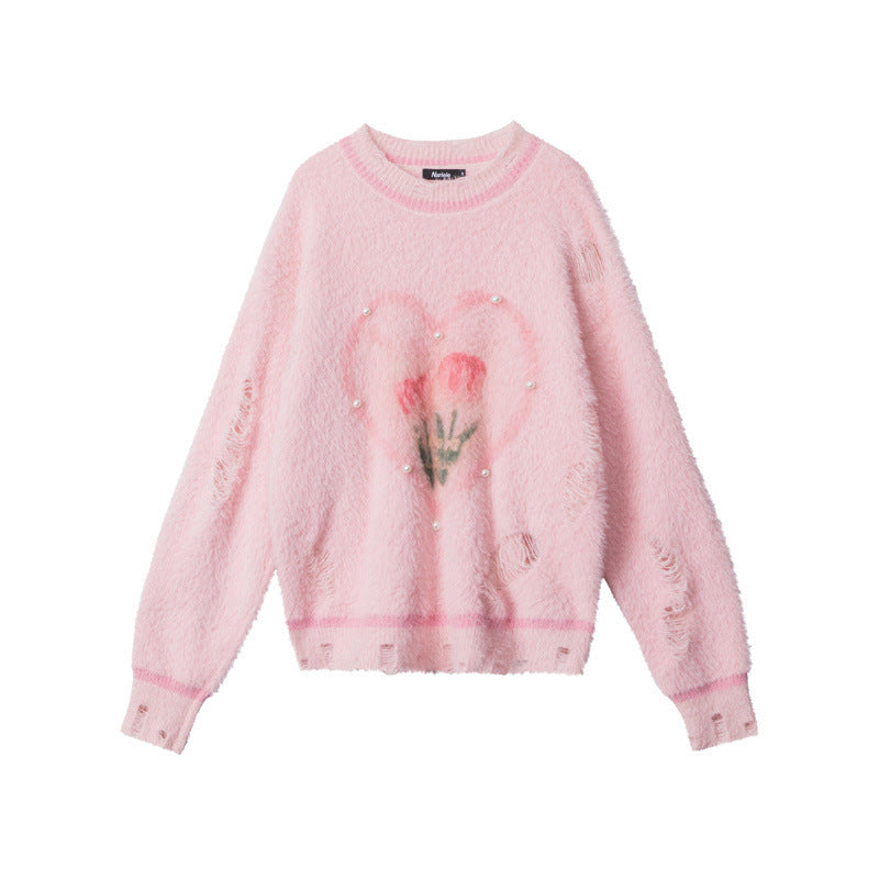 Heart-print loose sweater | 2 color