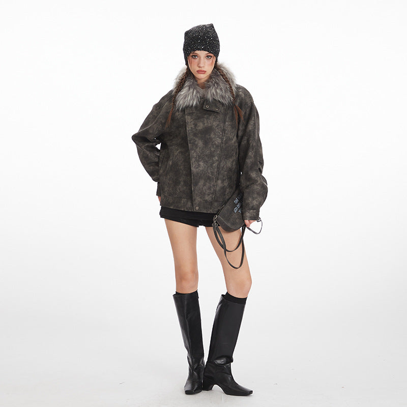 Vintage suede jacket with fur collar | 2 color