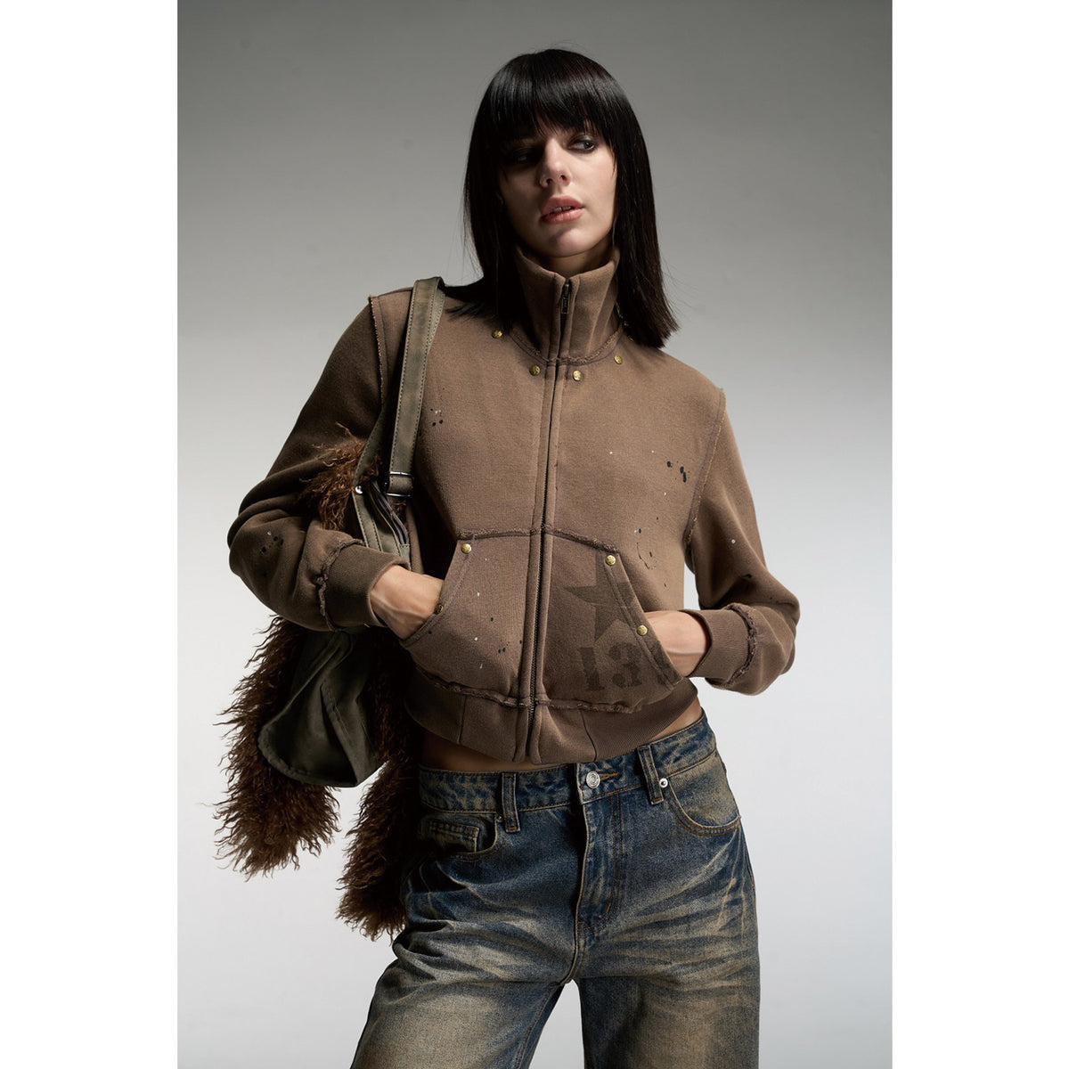 Pokiovo Studded Stand Collar Cropped Jacket