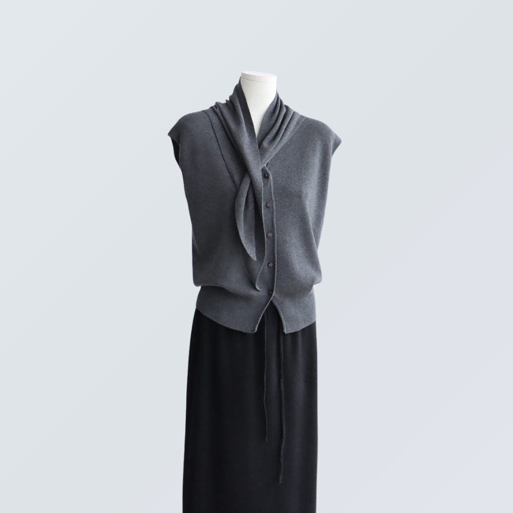V-Neck Wool-Blend Sleeveless Cardigan Set with Scarf | 7 Colors
