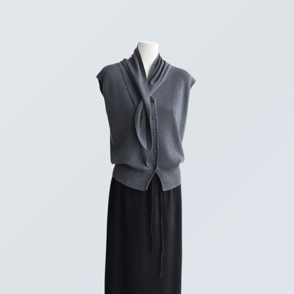 V-Neck Wool-Blend Sleeveless Cardigan Set with Scarf | 7 Colors