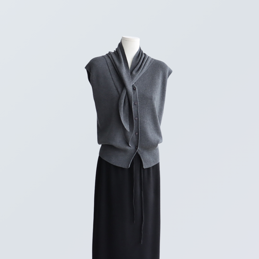 V-Neck Wool-Blend Sleeveless Cardigan Set with Scarf | 7 Colors
