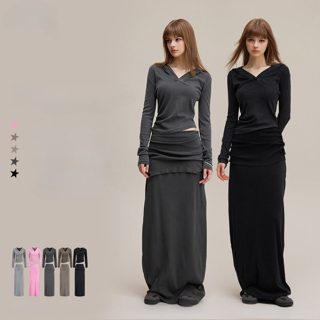 Curve stretchy hoodie skirt set | 5 color