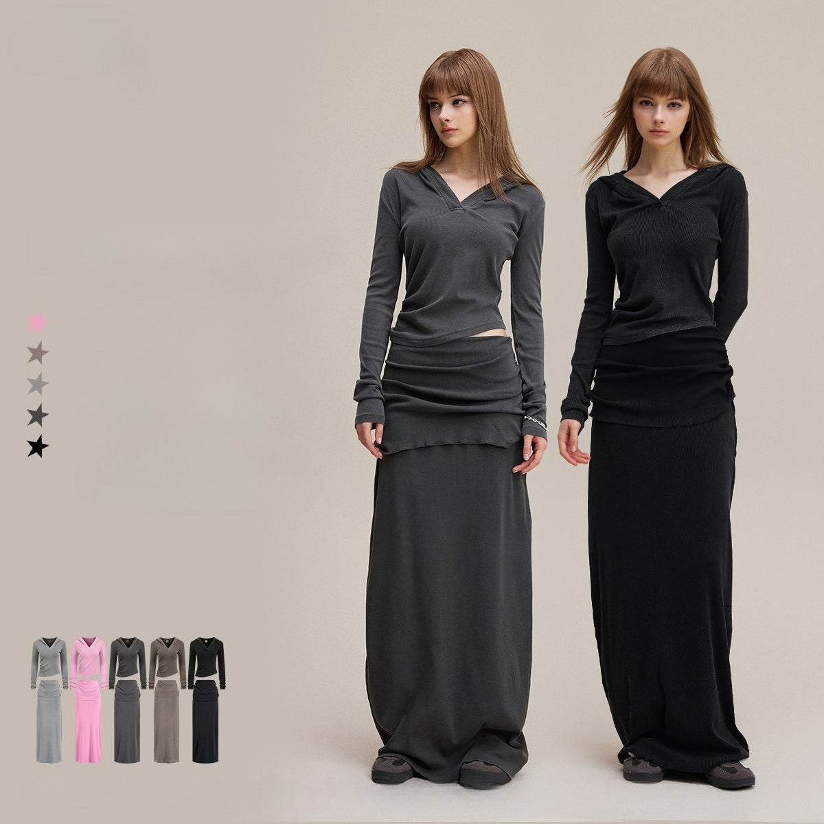 Curve stretchy hoodie skirt set | 5 color