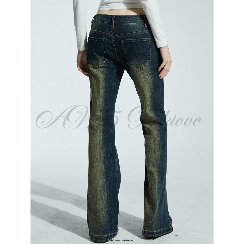 Pokiovo Mid Rise Vintage Wash Flared Jeans