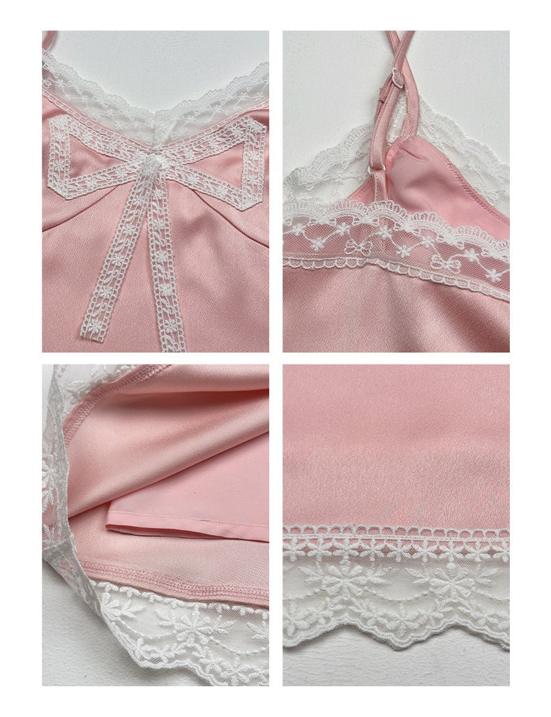Ovina Lace Trim Bow Slip Dress | Pink