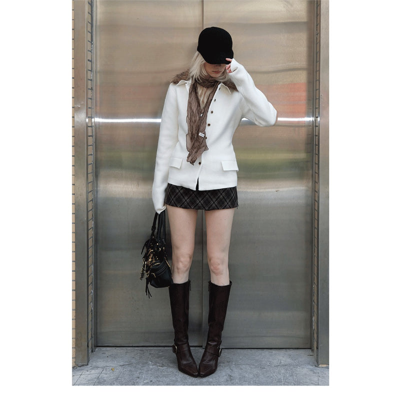 Fitted Knit Cardigan with Detachable Collar