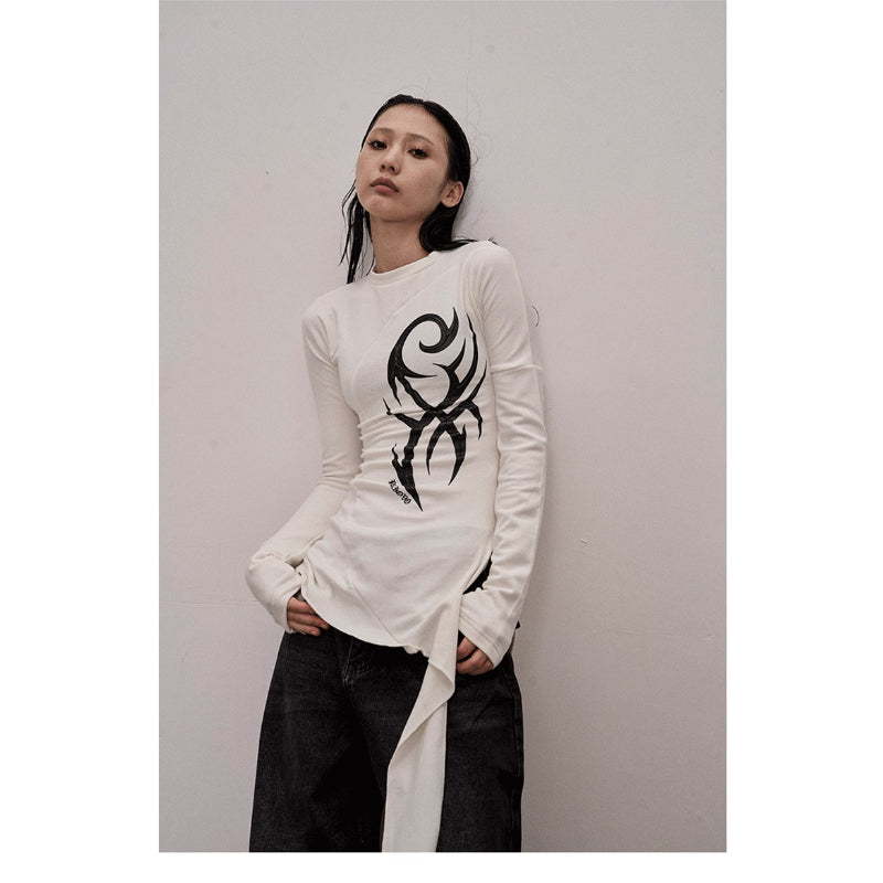 Pokiovo Printed Tie Detail Long Sleeve Top | White