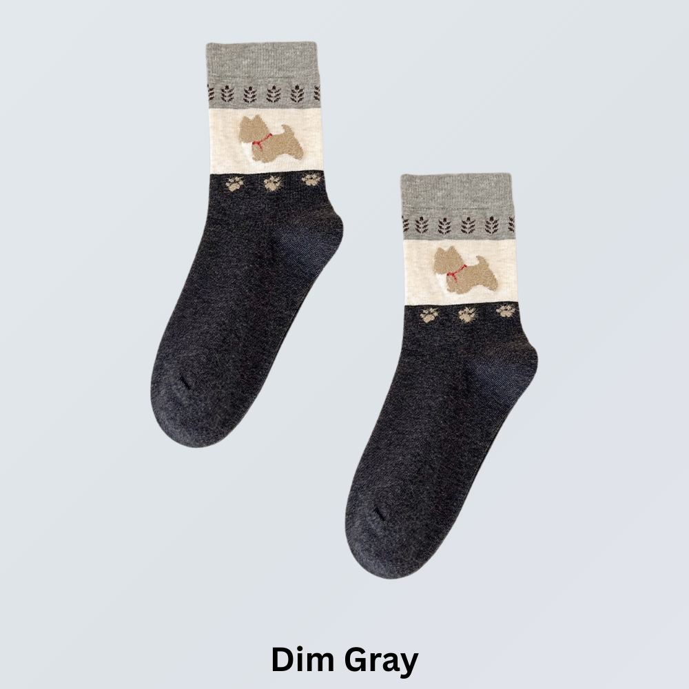 5-Pair Retro Dog Embroidery Crew Socks