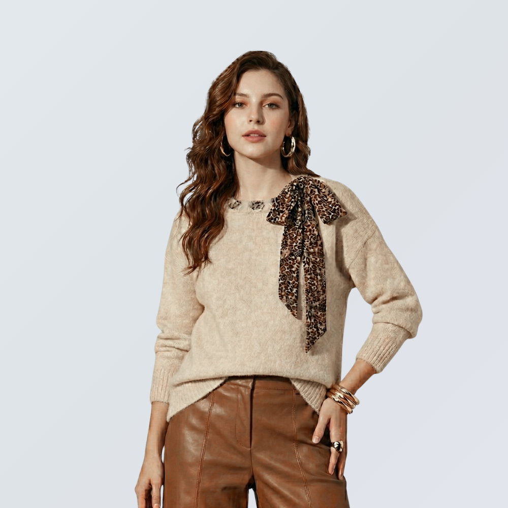 Wool Knit Sweater with Leopard Silk Scarf  | 3 Colors
