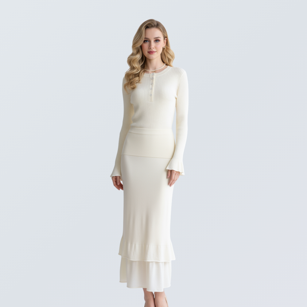 Wool Blend Henley Knit Top & Flounce Skirt Set | 3 Colors