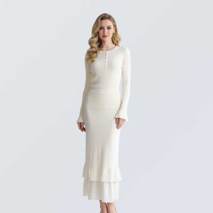 Wool Blend Henley Knit Top & Flounce Skirt Set | 3 Colors