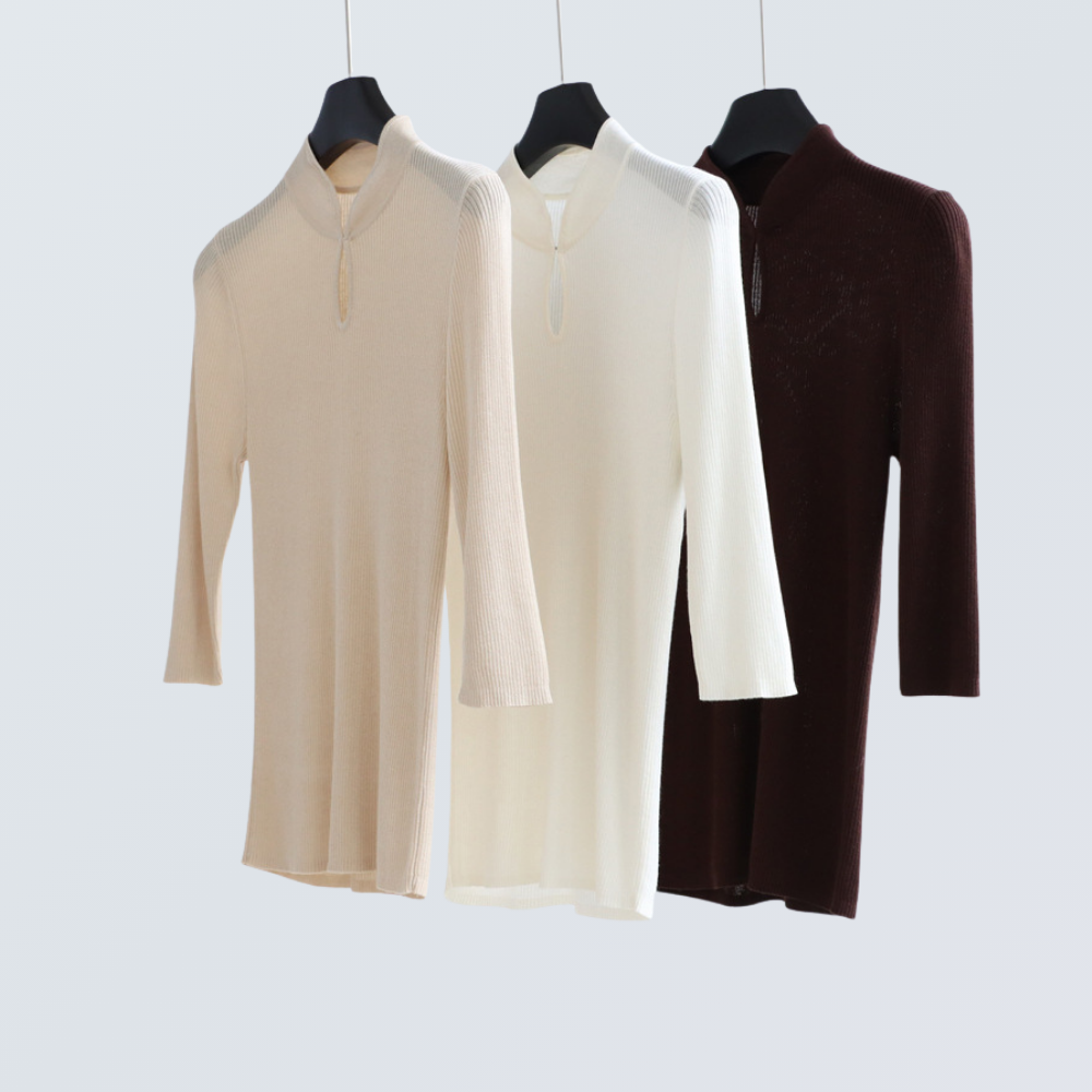 Top de punto con cuello mandarín y mezcla de seda – Detalle de botones retro, manga corta | 5 colores 