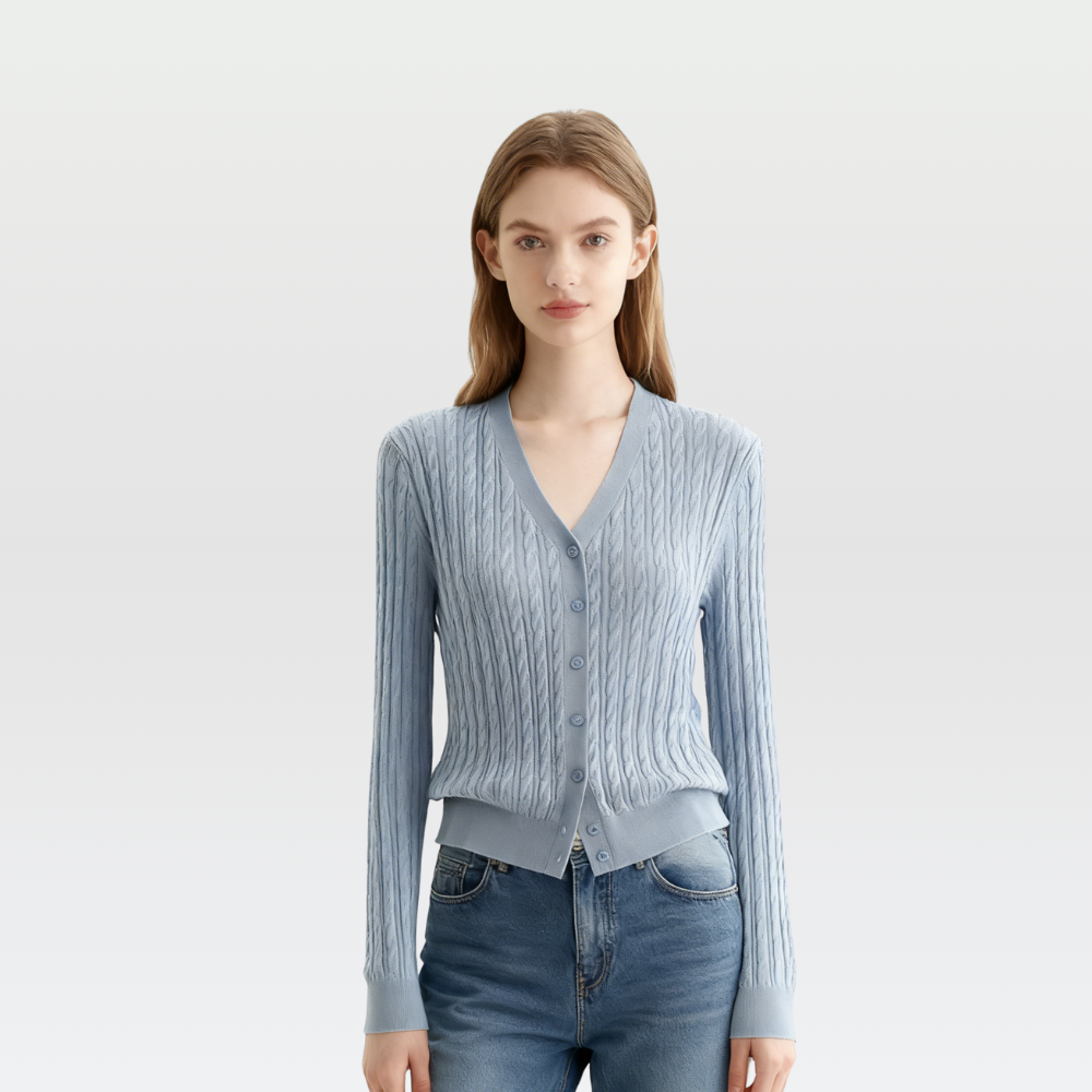 Textured V-Neck Wool Blend Cardigan