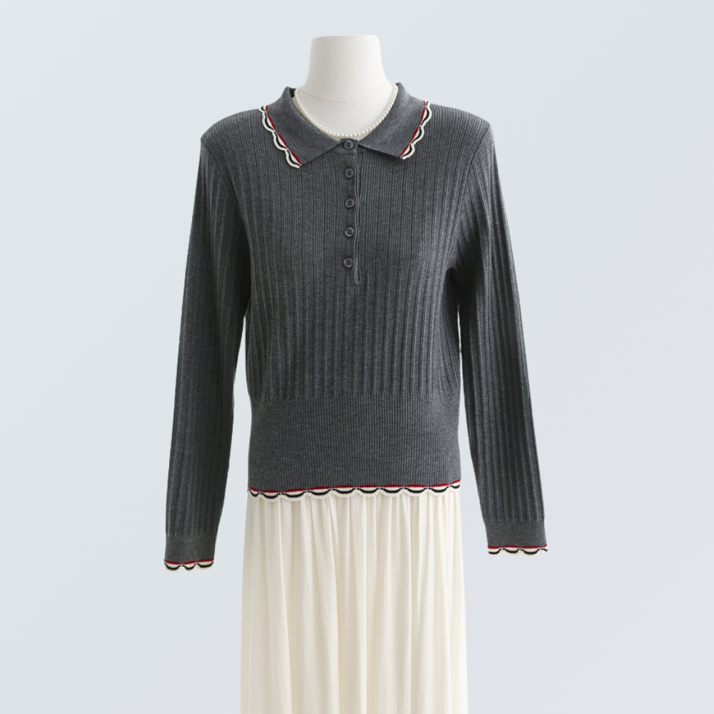 Wool Blend Polo Knit Top with Wave Trim