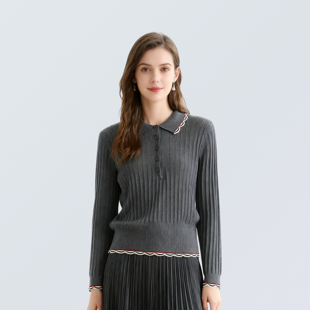 Wool Blend Polo Knit Top with Wave Trim