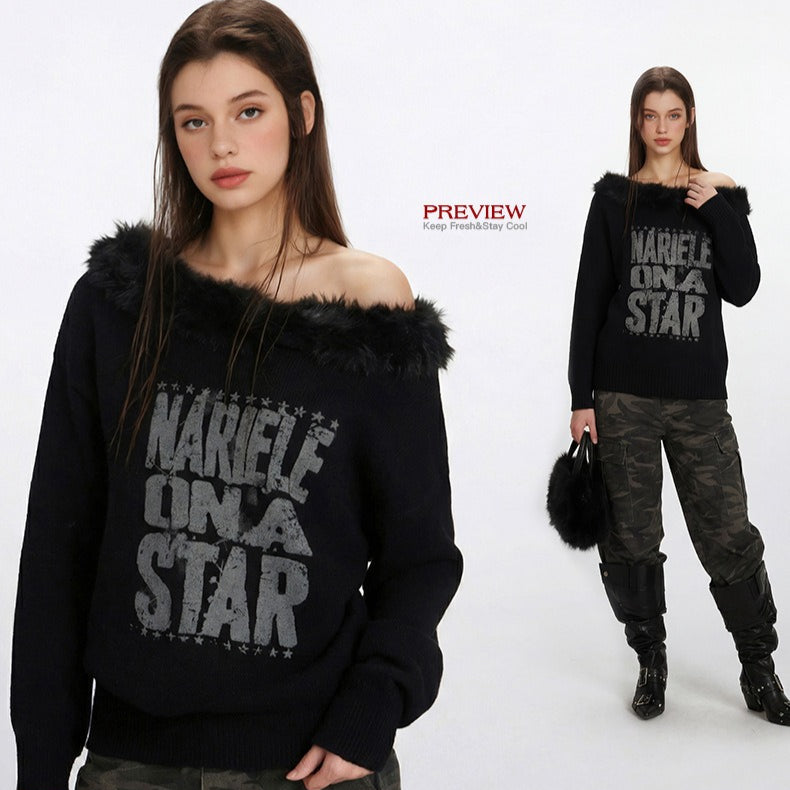 Off-shoulder fur collar knitwear | 2 color