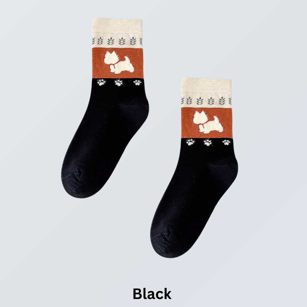 5-Pair Retro Dog Embroidery Crew Socks