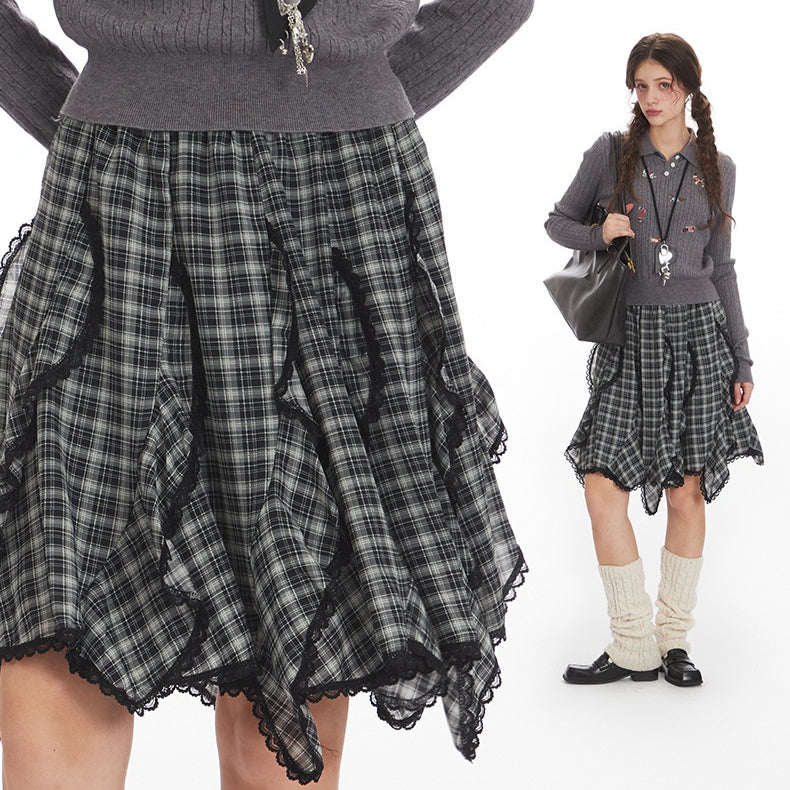 Irregular lace-hem skirt