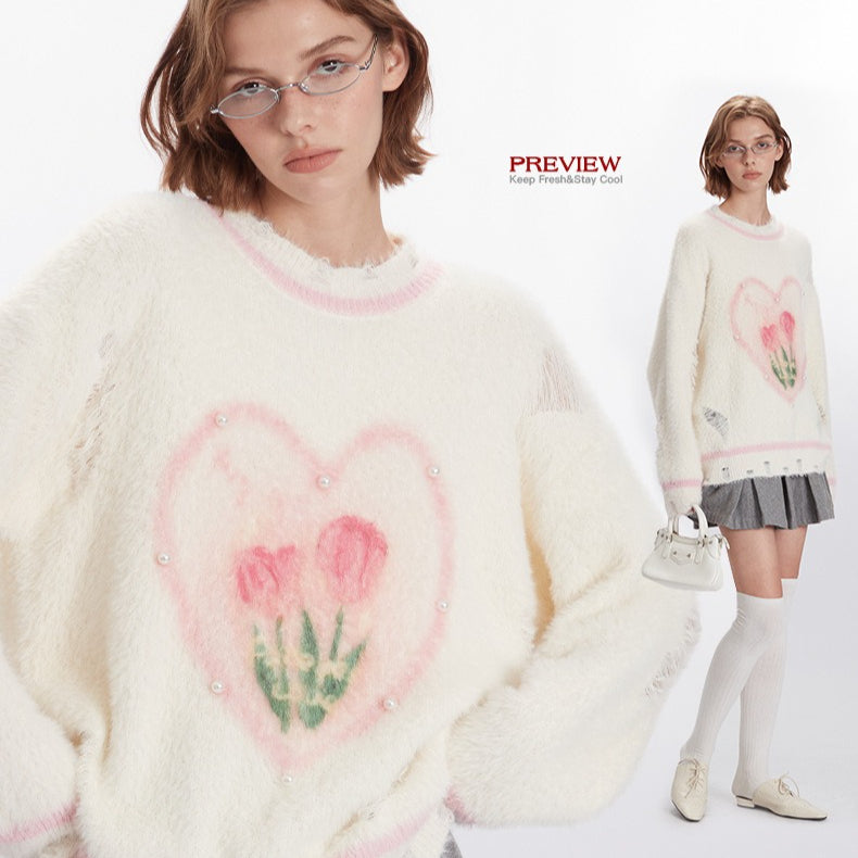 Heart-print loose sweater | 2 color