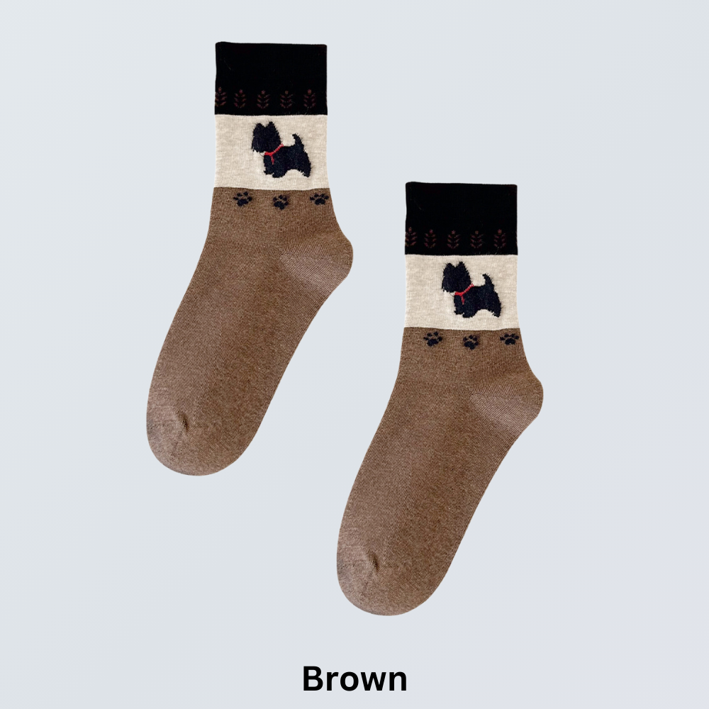 5-Pair Retro Dog Embroidery Crew Socks